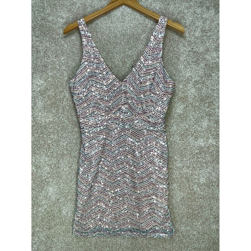 Crystal Doll Sequin Embelished Bodycon Mini Dress Womens L Pink Multi Festival